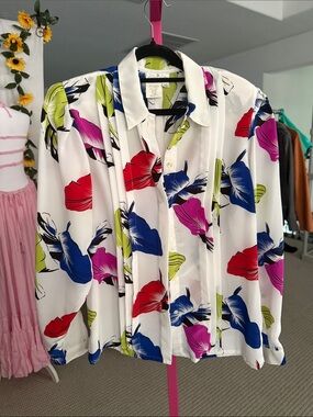 Floral Button-Front Blouse - White with Blue, Red, Pink & Lime